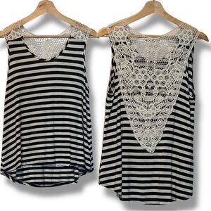 NABEE Black/White Striped Lacey Sheer Back Tank Top
